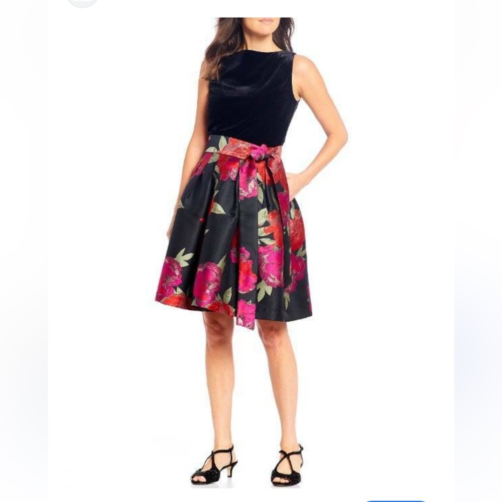 ALEX MARIE (Size 2) Black Velvet & Floral Metallic Fit-and-Flare Dress LIKE NEW